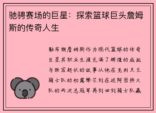 驰骋赛场的巨星：探索篮球巨头詹姆斯的传奇人生