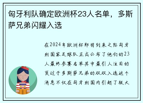 匈牙利队确定欧洲杯23人名单，多斯萨兄弟闪耀入选