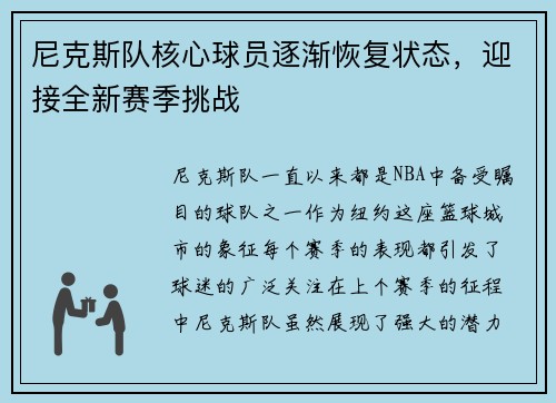 尼克斯队核心球员逐渐恢复状态，迎接全新赛季挑战