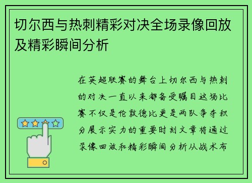 切尔西与热刺精彩对决全场录像回放及精彩瞬间分析